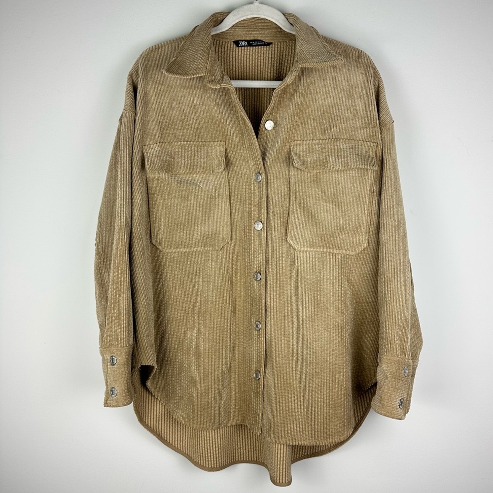 Zara Beige Corduroy Button Down Corduroy Shacket Shirt Oversized Collared Size M